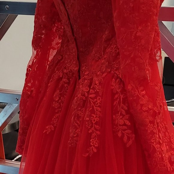 Hebeos Off The Shoulder Red Lace Wedding Dress - Picture 10 of 16